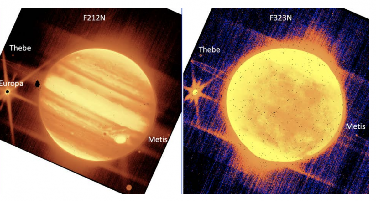 左圖：木星（中）以及它的衛星歐羅巴（左），底比和梅蒂斯通過詹姆斯韋伯太空望遠鏡的 NIRCam 儀器 2.12 微米濾光片看到。 右圖：木星和木衛二，底比和梅蒂斯是通過 NIRCam 的 3.23 微米濾光片看到的。 
