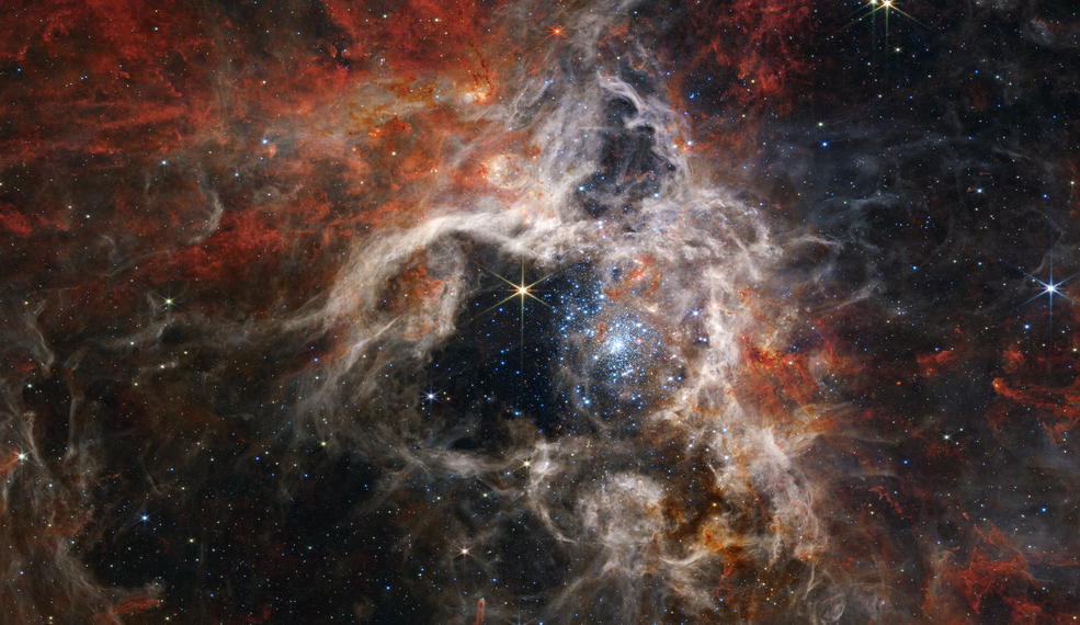 在這張跨越 340 光年的圖像中，韋伯的近紅外相機（ NIRCam ）以全新的光線展示了蜘蛛星雲恆星形成區域，包括數萬顆以前被宇宙塵埃籠罩的從未見過的年輕恆星。最活躍的區域似乎閃耀著巨大的年輕恆星，呈現出淡藍色。